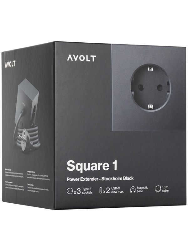 Produktfoto för Avolt Stikdåser - Square 1 w/30W Dual USB-C & Magnet 1,8m Stockholm Black Avolt