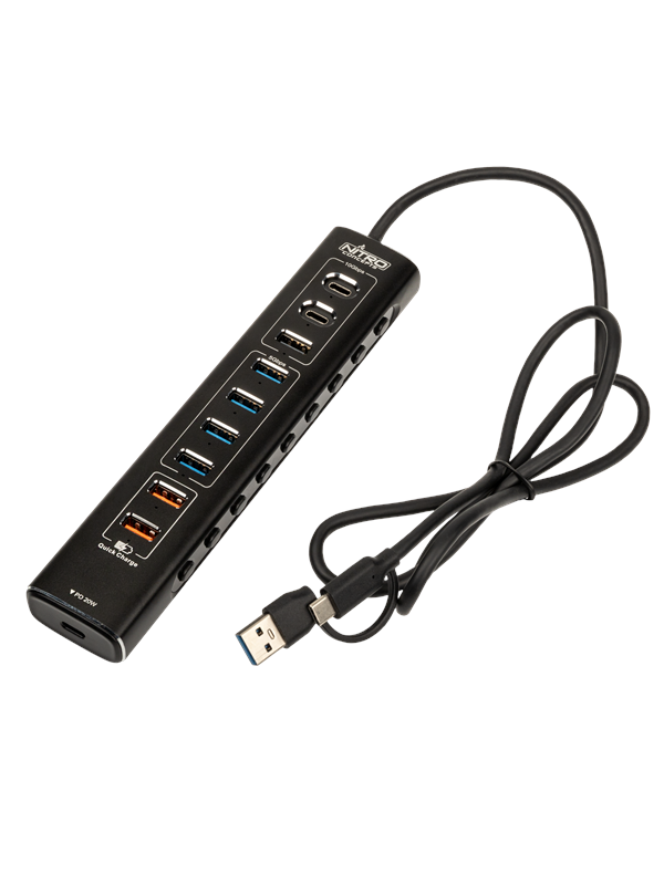 Nitro Concepts UH1 10-Port HYBRID USB HUB USB Hub - 10 porte - Svart