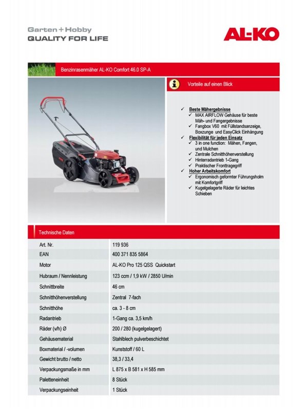 Produktfoto för AL-KO Comfort 46.0 SP-A, Gräsklippare, 1400 m², 46 cm, 60 L, Steglös, 4 hjul