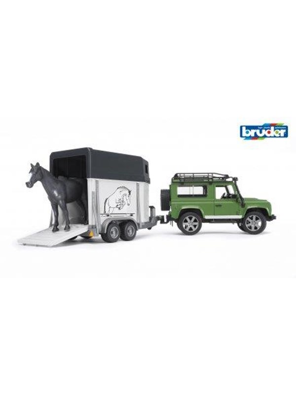 Bruder Land Rover Defender Station Wagon with horse trailer and horse toy