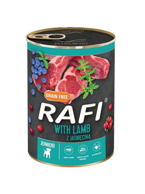 RAFI Spannmålsfritt våtfoder för valpar med lamm &amp; bär 400g