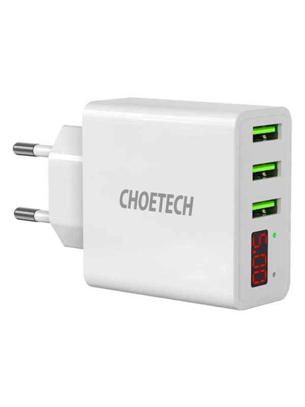 Choetech 15W 3-Port USB-A Wall Charger with Display White