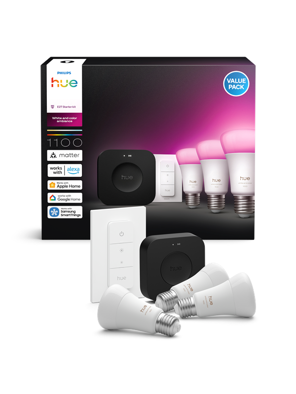 Philips Hue Startpaket: 3 st E27 smarta ljuskällor + Dimmer Switch + Bridge Pro