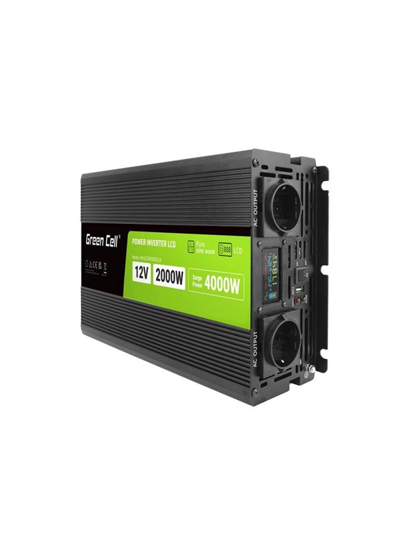Green Cell PowerInverter LCD 12V - 12V to 230V | 2000W/4000W | Pure Sine Wave | LCD Display Strömförsörjning - 2000 Watt - ATX - 80 Plus