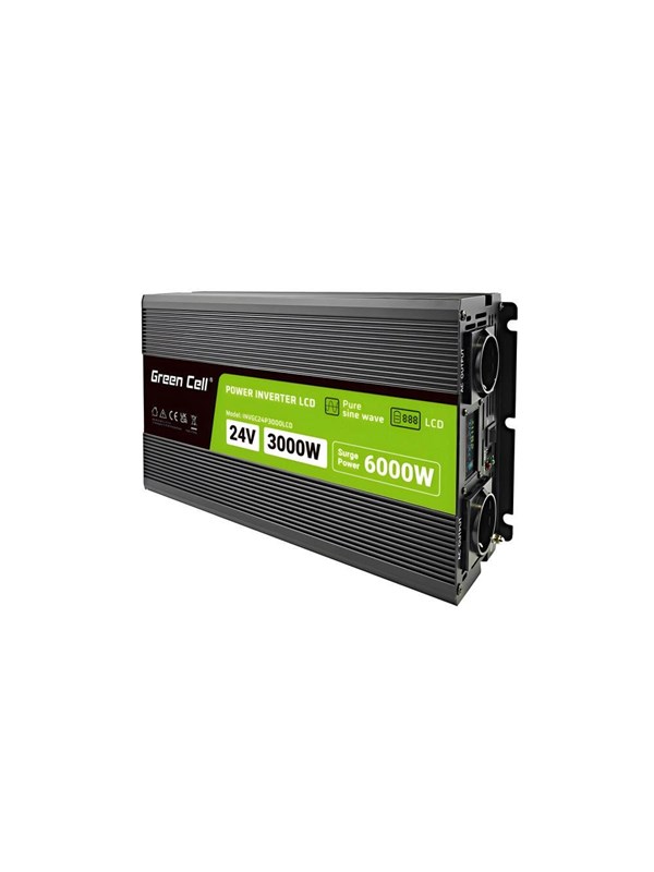 Green Cell PowerInverter LCD 24V - 24V to 230V | 3000W/6000W | Pure Sine Wave | LCD Display Strömförsörjning - 3000 Watt - ATX - 80 Plus