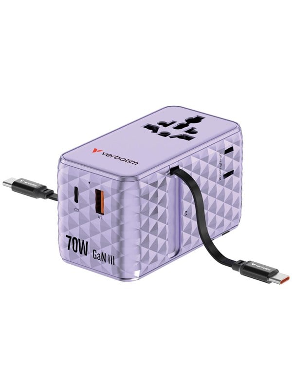 Verbatim Charge 'n'  Travel  70W 2C retractable Universal Travel Adapter - Purple