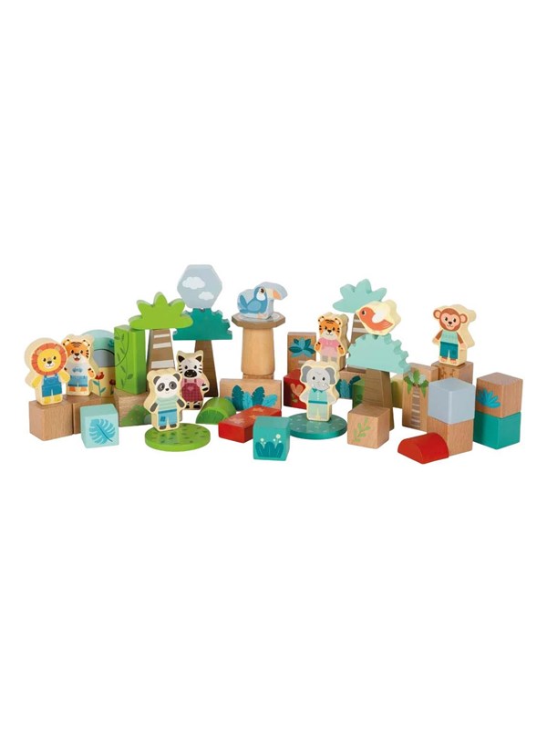 Small Foot - Wooden Building Blocks Jungle Friends - 50 pcs