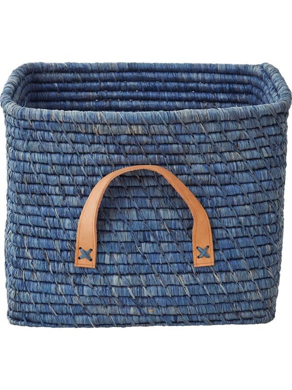 Rice Small Square Raffia Basket with Leather Handles