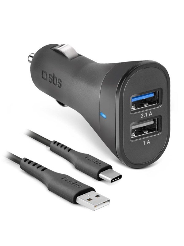 SBS Billaddare med 2 USB-portar och USB-C-kabel - 1m - Svart