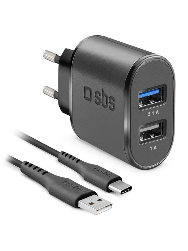 SBS 2100 mAh laddare - 1m USB - USB-C kabel - Svart