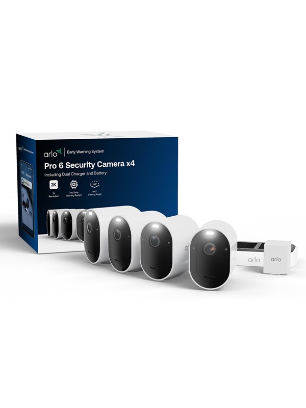 Arlo Pro 6 2K+ Övervakningskamera, 4-pack + Dubbel batteriladdare + extra batteri