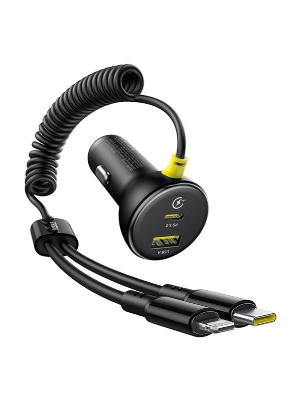 Baseus Circular 60W USB-A + USB-C Car Charger with Built-in Lightning + USB-C Cable 1.4m - Black