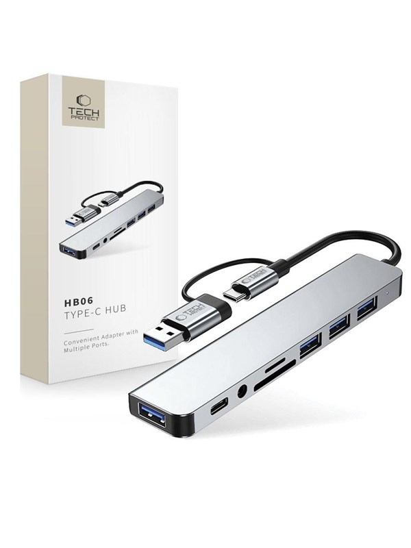 Tech-Protect HB06 HUB Adapter 8in1 TYPE-C + USB2.0 + USB3.0 + SD/TF + AV3.5 - Grey USB Hub - USB 2.0 - 8 porte - Grey