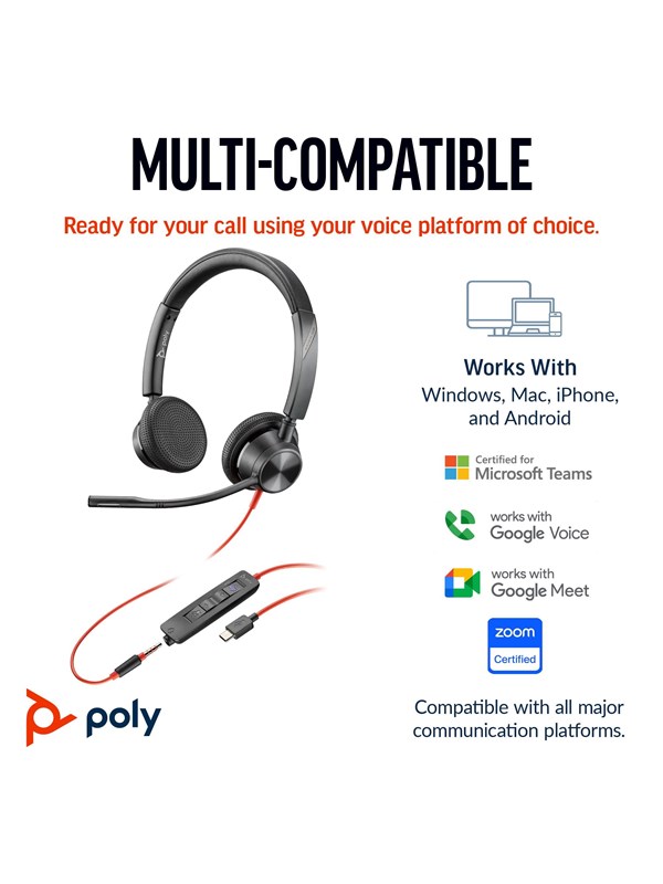 HP Poly Blackwire 3325 Stereo Microsoft Teams Certified USB-C Headset +3.5mm Plug +USB-C/A Adapter