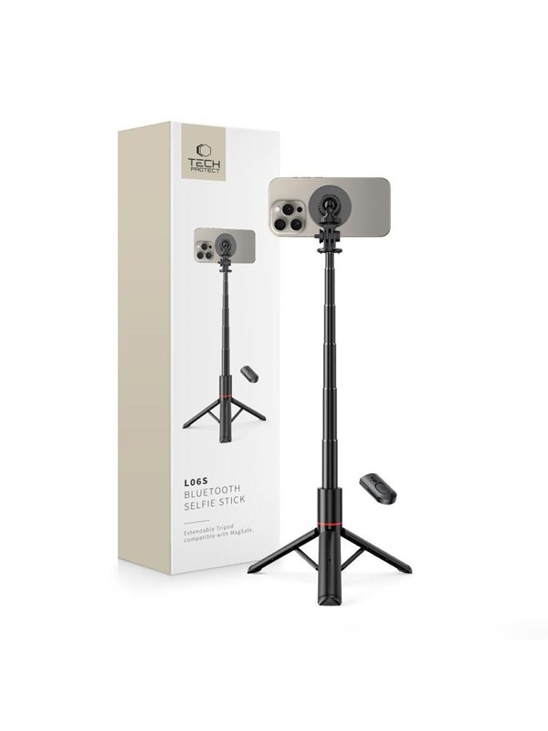 Tech-Protect L06S Bluetooth magnetic selfie stick with MagSafe remote control tripod up to 82cm and 360 head - black
