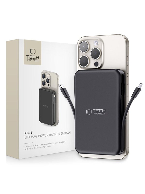 Tech-Protect LifeMag PB31 Power Bank with MagSafe 10000mAh 15W USB-C / USB-A / Built-in USB-C / Lightning Cables - Black PowerBank - Svart - 10000 mAh