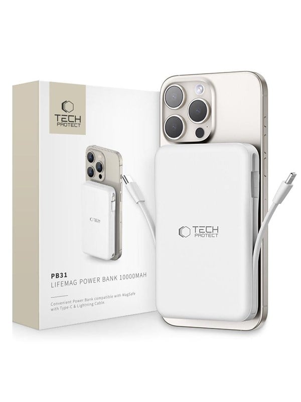 Tech-Protect LifeMag PB31 Power Bank with MagSafe 10000mAh 15W USB-C / USB-A / Built-in USB-C / Lightning Cables - White PowerBank - Vit - 10000 mAh