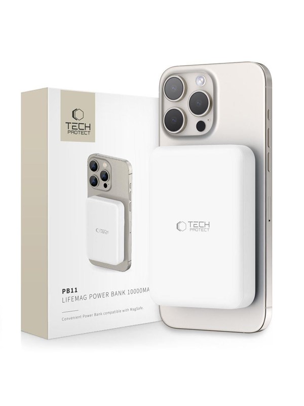 Tech-Protect LifeMag PB11 Power Bank with MagSafe 10000mAh 15W USB-C Port - White + USB-C Cable PowerBank - Vit - 10000 mAh