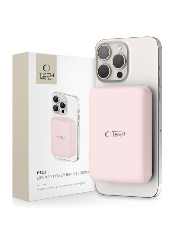 Tech-Protect LifeMag PB11 Power Bank with MagSafe 10000mAh 15W USB-C Port - Pink + USB-C Cable PowerBank - Pink - 10000 mAh