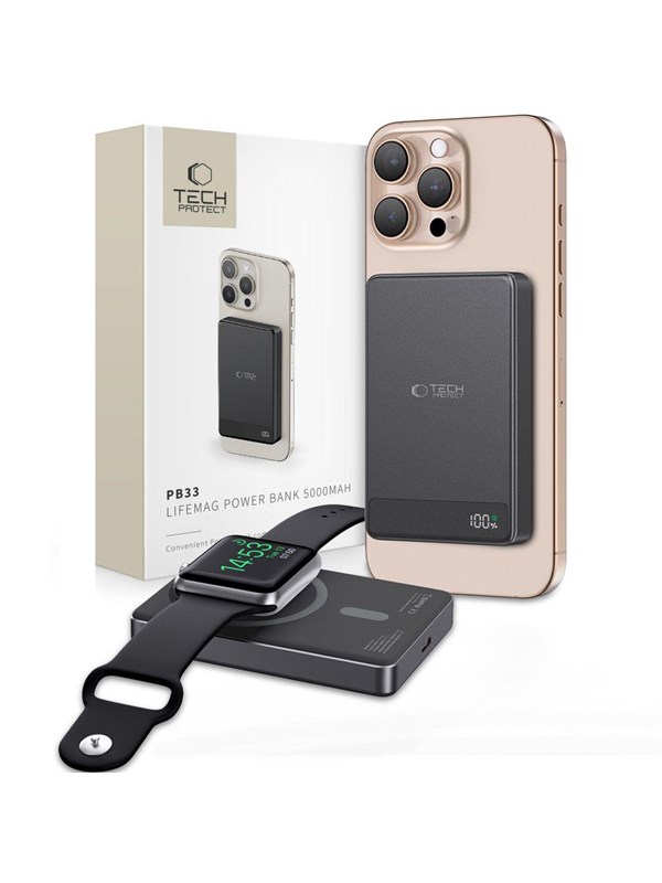 Tech-Protect Powerbank PB33 LifeMag MagSafe 5000mAH - Black PowerBank - Svart - 5000 mAh