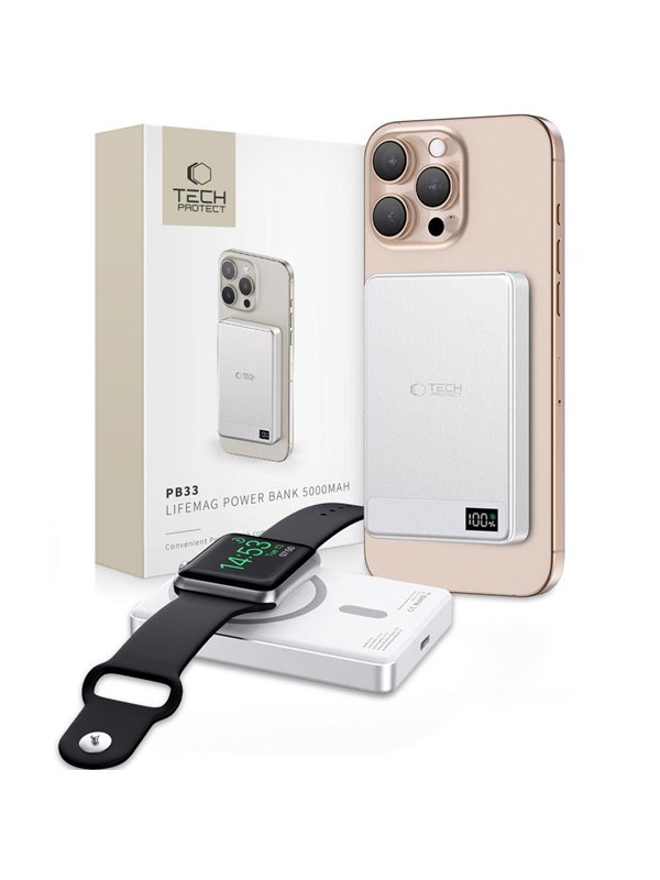 Tech-Protect Powerbank PB33 LifeMag MagSafe 5000mAH - Silver PowerBank - Silver - 5000 mAh