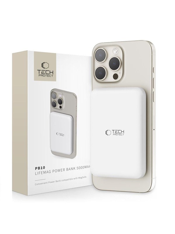 Tech-Protect LifeMag PB10 Power Bank with MagSafe 5000mAh 15W USB-C Port - White + USB-C Cable PowerBank - Vit - 5000 mAh