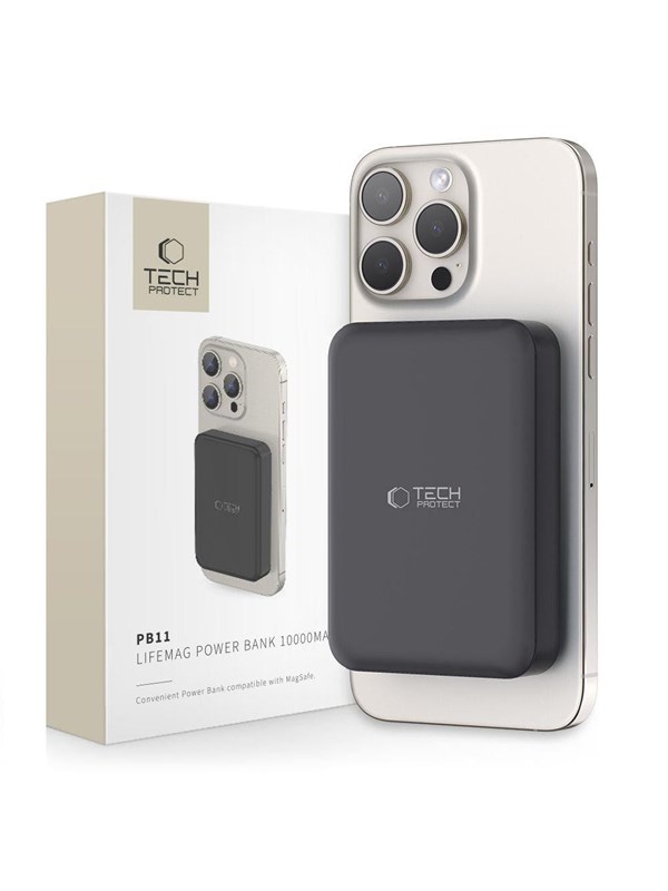 Tech-Protect LifeMag PB11 Power Bank with MagSafe 10000mAh 15W USB-C Port - Black + USB-C Cable PowerBank - Svart - 10000 mAh