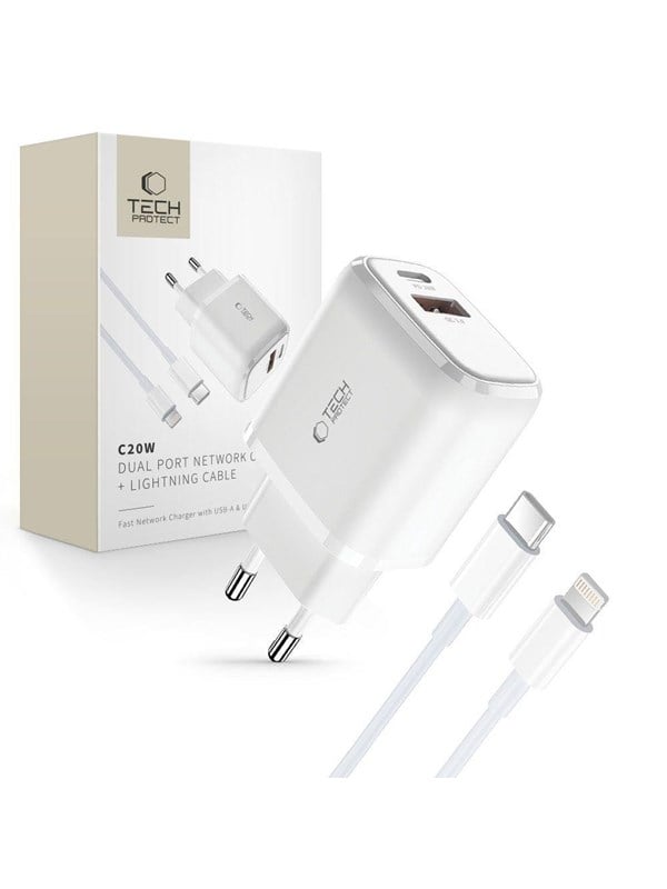 Produktfoto för Tech-Protect Väggladdare Lightnin 20W , Lightning Kabel - Vit