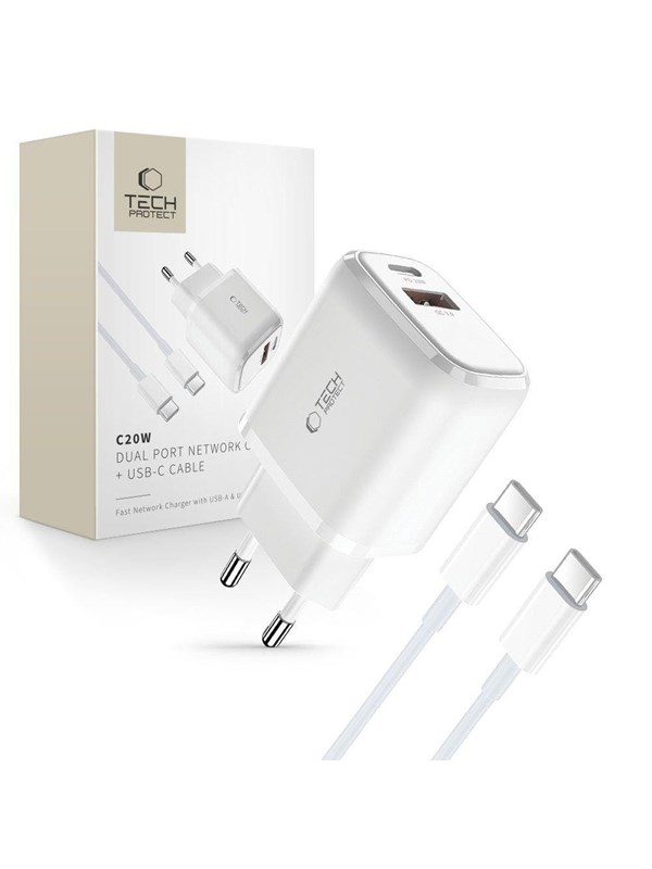 Tech-Protect  C20W USB-C PD 20W / USB-A QC 3.0 Network Charger with USB-C / USB-C Cable - White