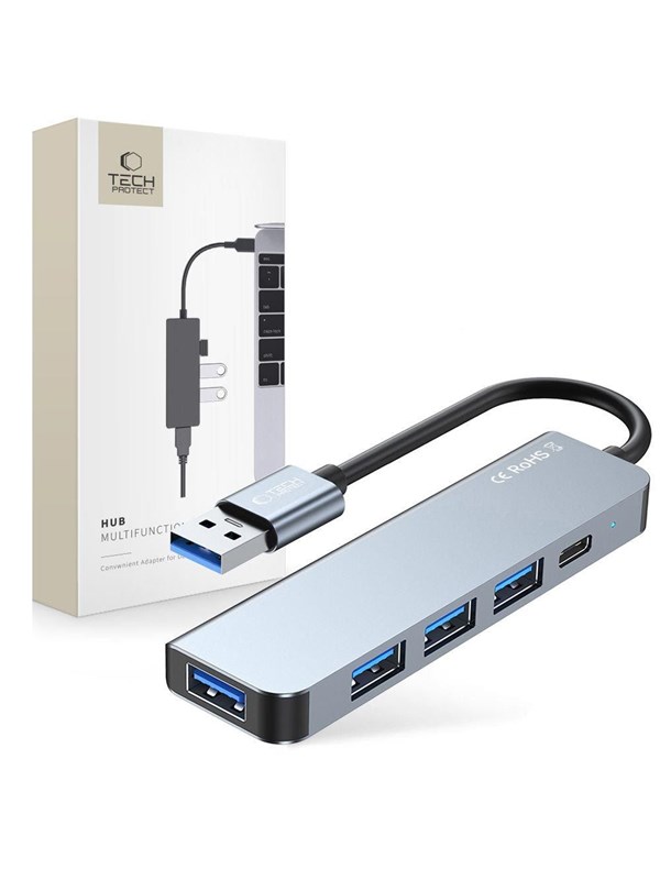 Produktfoto för Tech-Protect V0 USB-A Hub till USB-A 3.0 / 3x USB-A 2.0 / USB-C - Grå