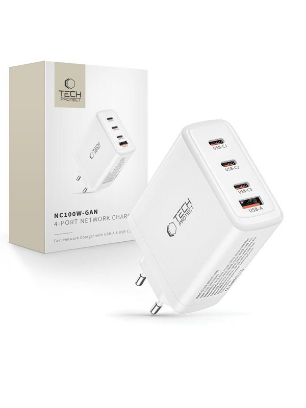 Produktfoto för Tech-Protect väggladdare GaN 3x USB-C PD 100W / USB-A QC 3.0 - Vit