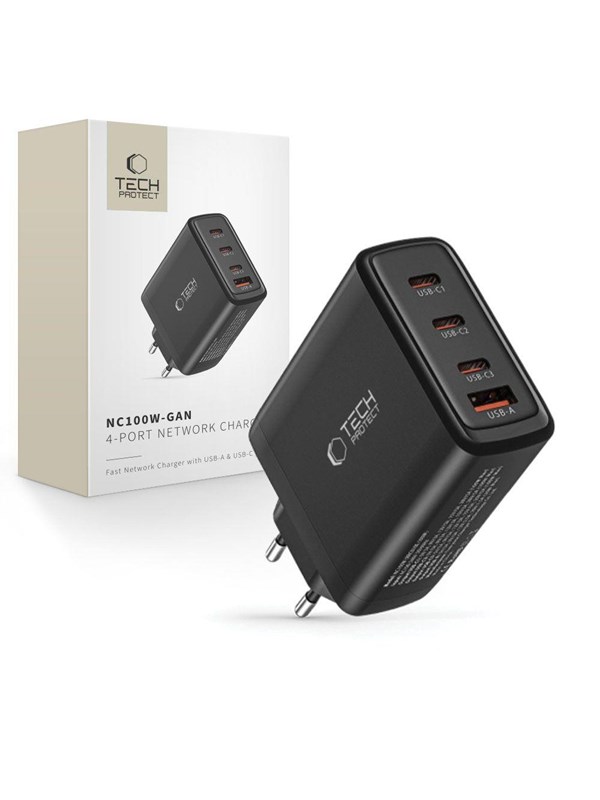Produktfoto för Tech-Protect väggladdare GaN 3x USB-C PD 100W / USB-A QC 3.0 - Svart