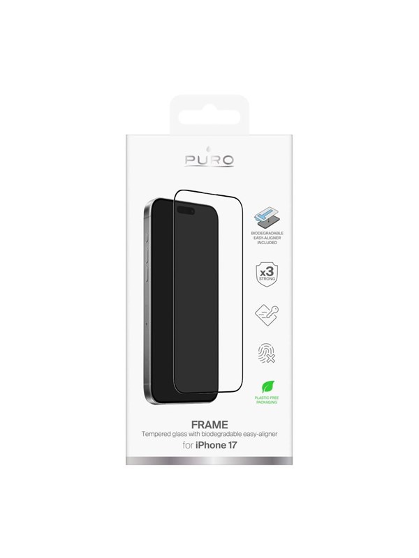 Puro Frame tempered glass for iPhone 17 with applicator and black frame