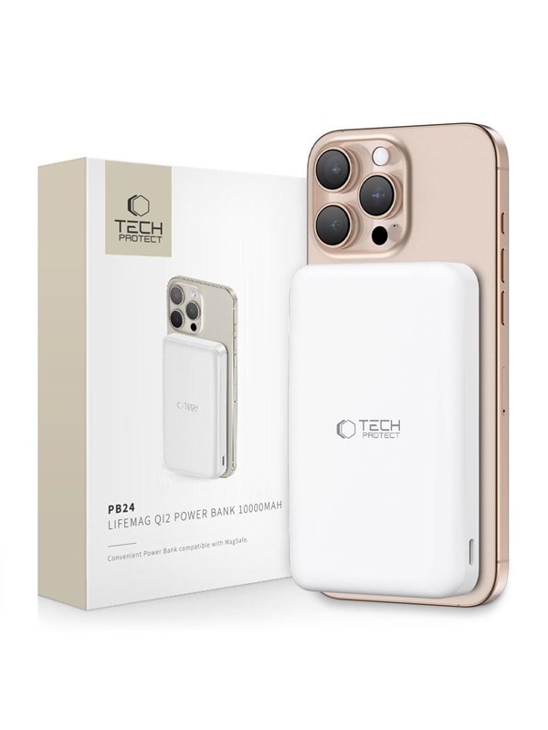 Tech-Protect Powerbank PB24 LifeMag QI2 MagSafe 10000 mAh - White PowerBank - Vit - 10000 mAh