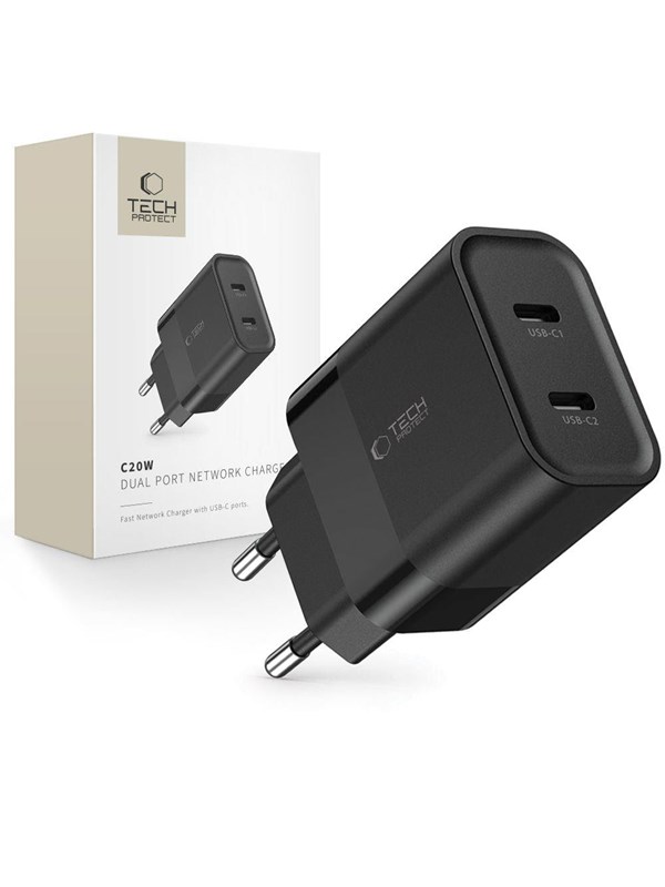 Produktfoto för Tech-Protect 2-Port Väggladdare USB-C PD20W - Svart