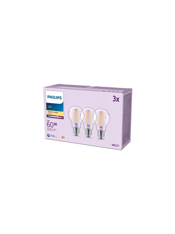 Philips LED-glödlampa A60 7W/827 (60W) Clear 3-pack E27