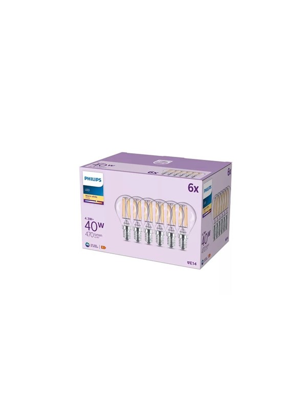 Philips LED-glödlampa P45 4,3W/827 (40W) Clear 6-pack E14