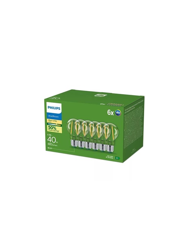 Philips LED-filament-magnetisk glödlampa Ultra Efficient A60 2,3W/827 (40W) Clear 6-pack E27