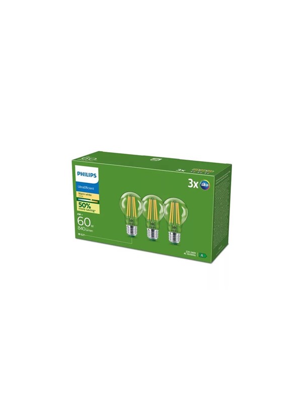 Philips LED-glödlampa Ultra Efficient A60 4W/827 (60W) Clear 3-pack E27