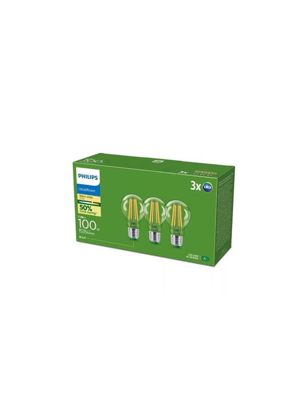 Philips LED-glödlampa Ultra Efficient A60 7.3W/827 (100W) Clear 3-pack E27