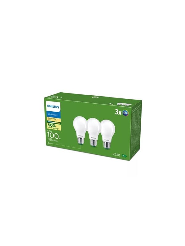 Philips LED-glödlampa Ultra Efficient A60 7,3W/827 (100W) Frosted 3-pack E27