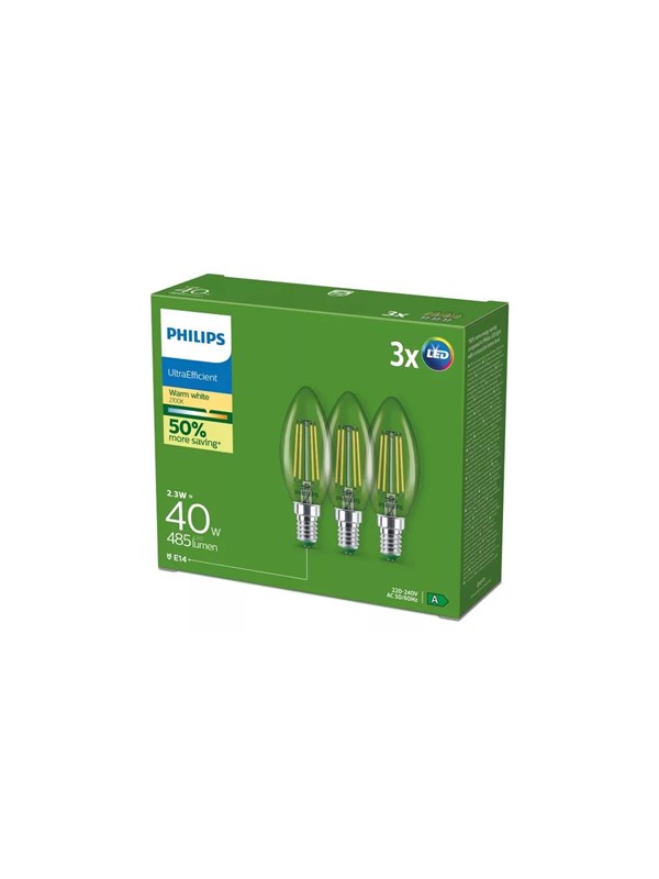 Philips LED-glödlampa Ultra Efficient B35 2.3W/827 (40W) Clear 3-pack E14