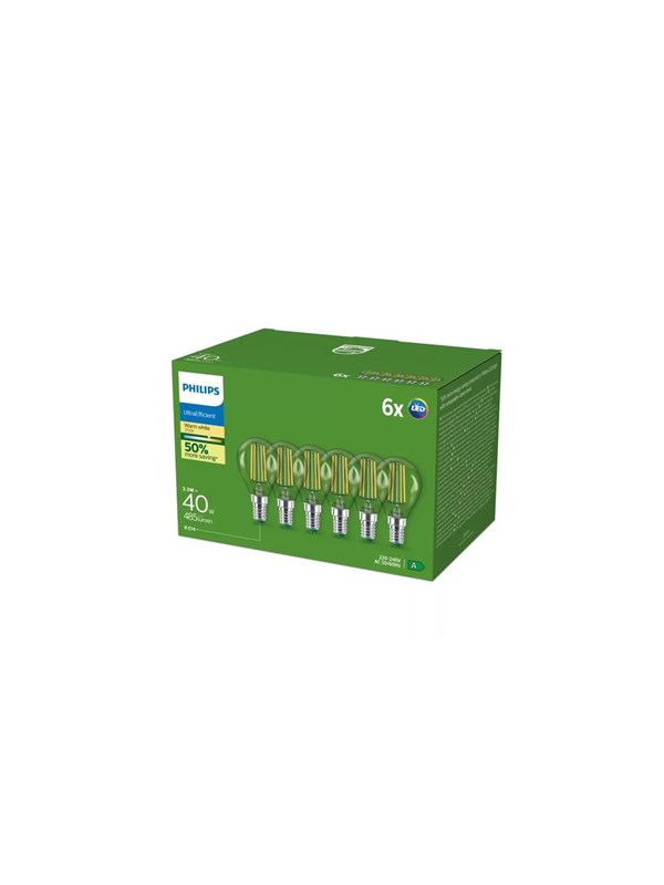 Philips LED-glödlampa Ultra Efficient P45 2,3W/827 (40W) Clear 6-pack E14