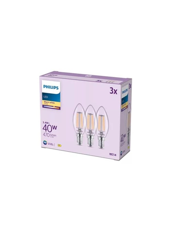 Philips LED-glödlampa B35 3,4W/827 (40W) Clear 3-pack E14