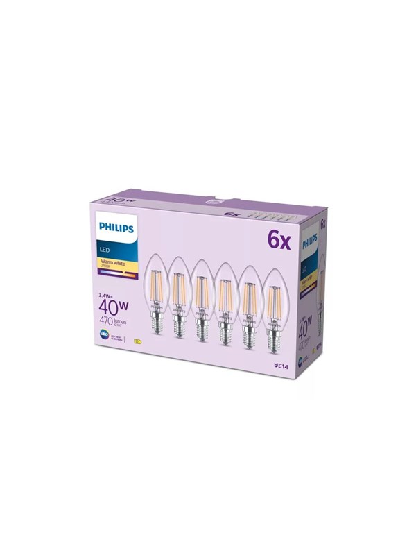 Philips LED-glödlampa B35 3,4W/827 (40W) Clear 6-pack E14