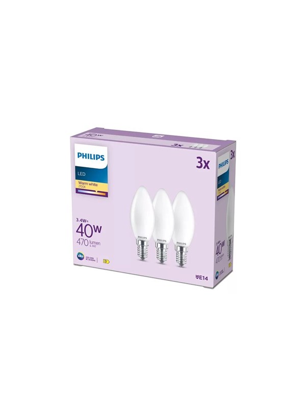 Philips LED-glödlampa B35 3,4W/827 (40W) Frosted 3-pack E14