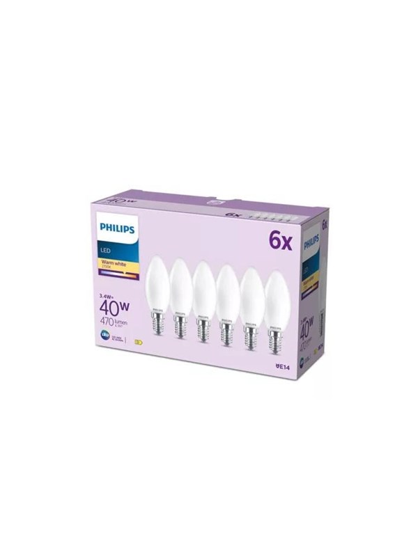 Philips LED-glödlampa B35 3,4W/827 (40W) Frosted 6-pack E14