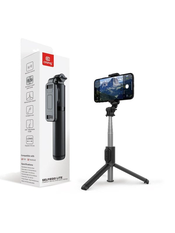 CRONG SelfieGo Lite - Compact Bluetooth Selfie Stick Tripod - Black