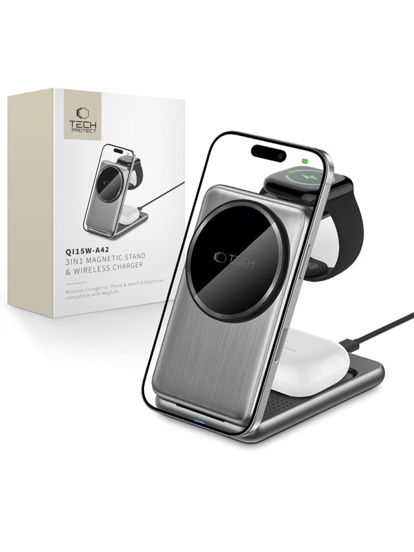 Tech-Protect QI15W-A42 3in1 Inductive Charger with MagSafe for Appple Devices - Grey