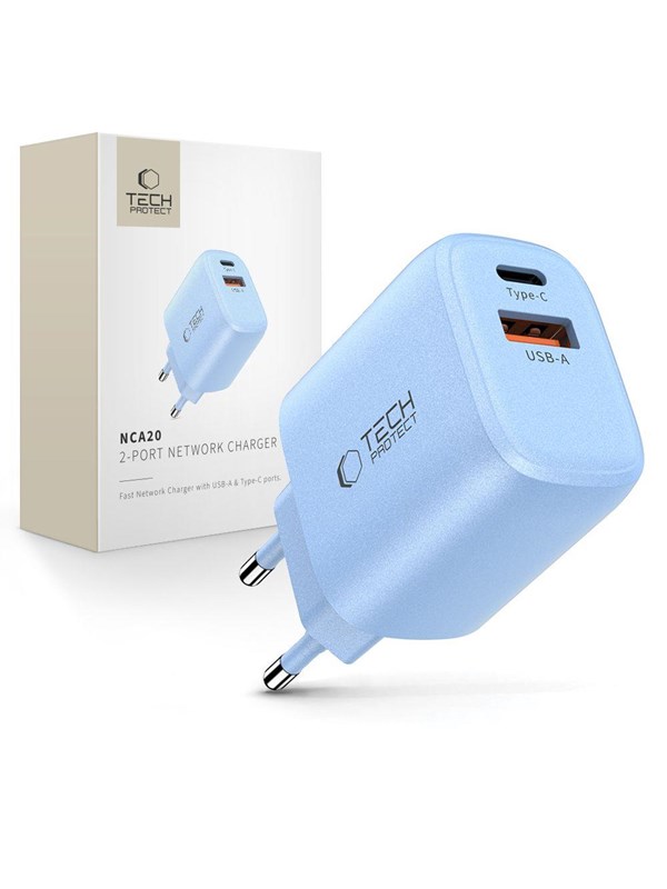 Produktfoto för Tech-Protect Väggladdare Adapter USB-A/USB-C 20W - Baby Blå